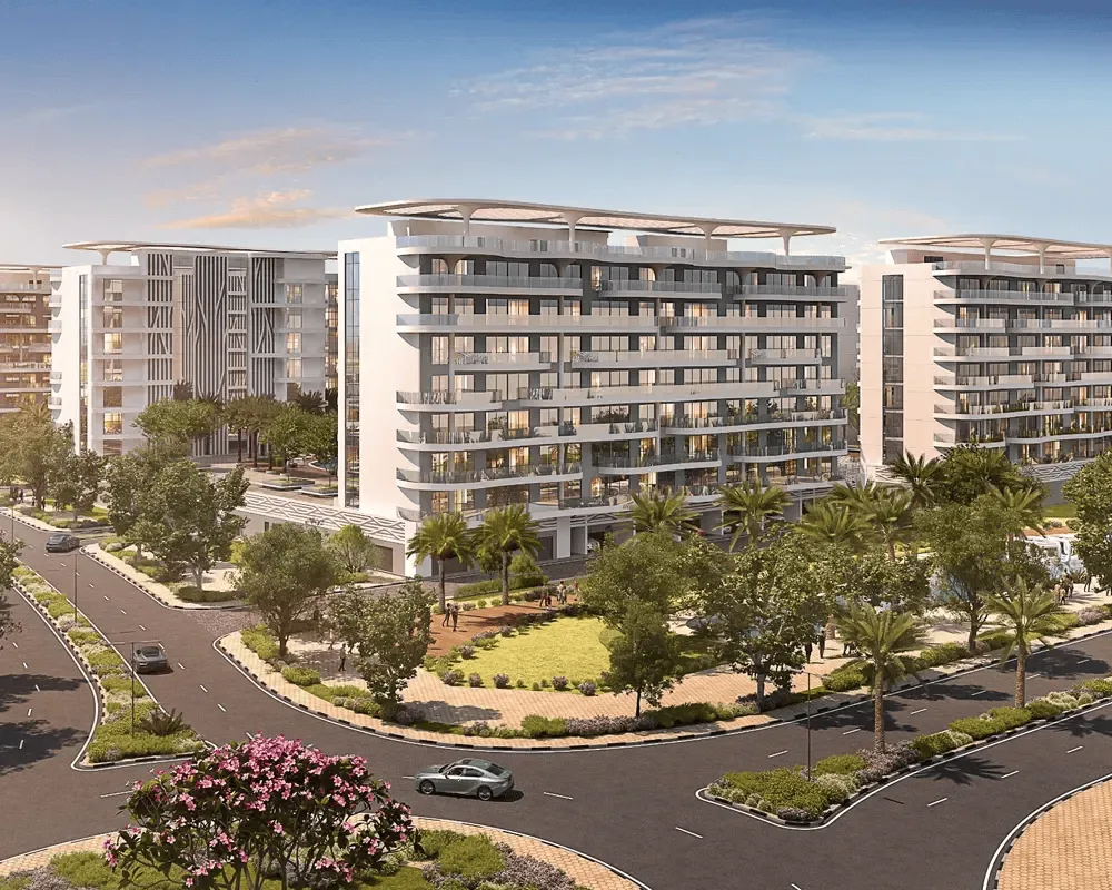 Cetara at DAMAC Lagoons, mid-rise apartment buildings with landscaped streets and palm trees in Dubailand